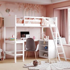 White Twin size Wooden Loft Bed with Shelves and Build-in Desk