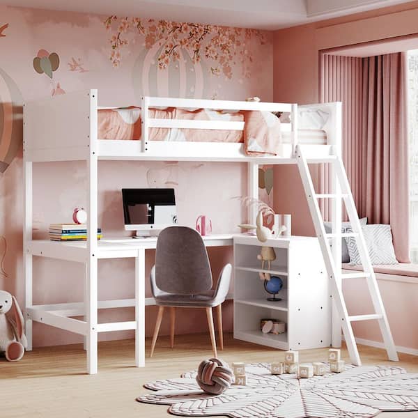 Harper & Bright Designs White Twin size Wooden Loft Bed with Shelves and Build-in Desk