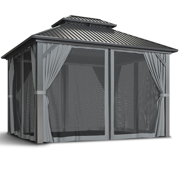 11.5 ft. W x 9.1 ft. D Gray Aluminum Hardtop Gazebo with Galvanized Steel Roof, Nettings and Curtains