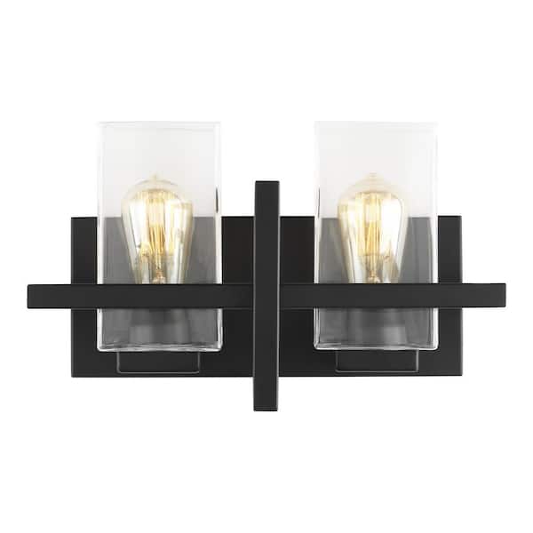 Generation Lighting - Mitte 15 in. 2-Light Matte Black Industrial Transitional Bathroom Vanity Light with Clear Glass Shade Panels