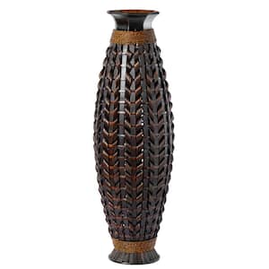 39 in. High Black Tall Bamboo Floor Standing Vase with Wicker Woven Design