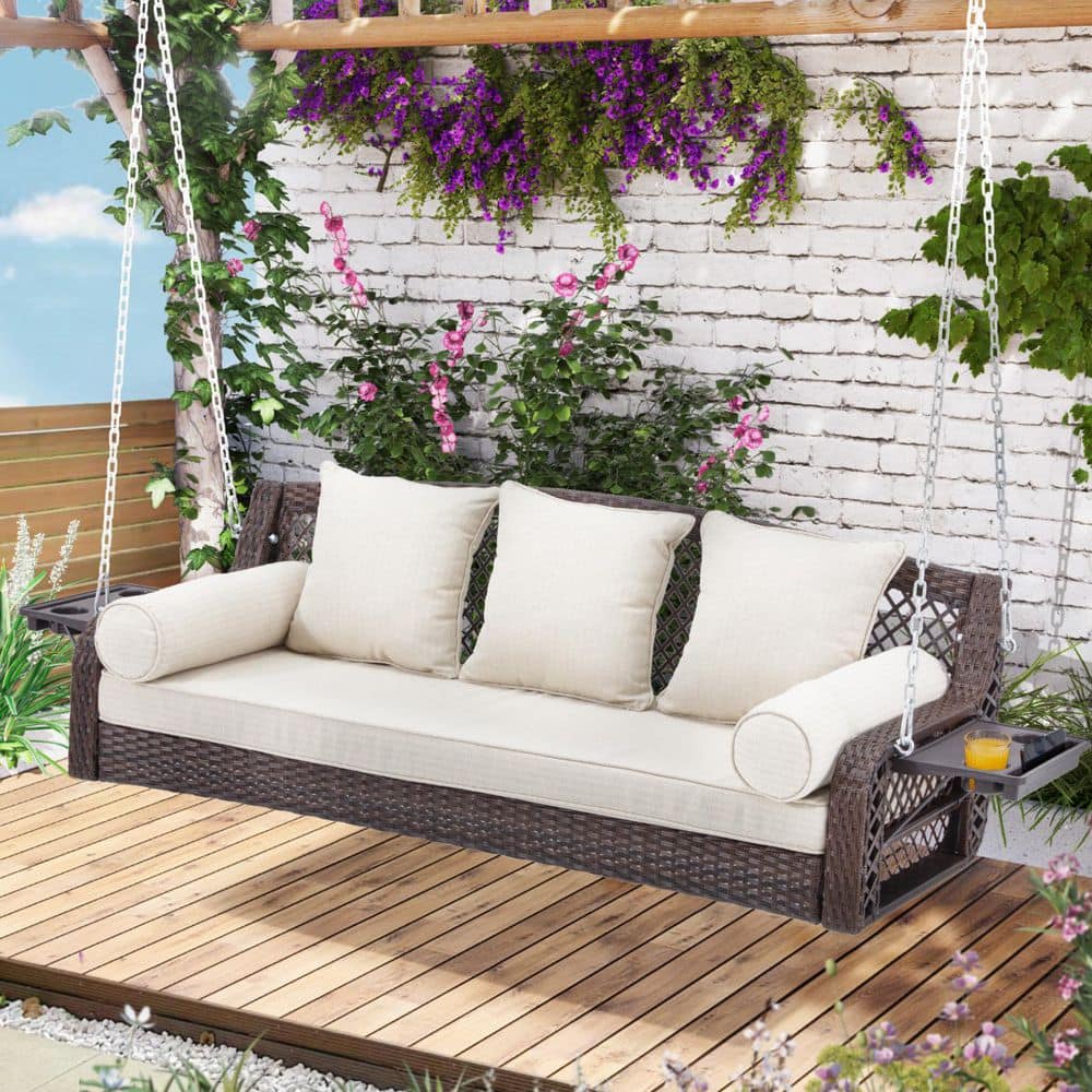 3-Person Brown Wicker Porch Swing with Chains Cup Holders and Beige Cushion