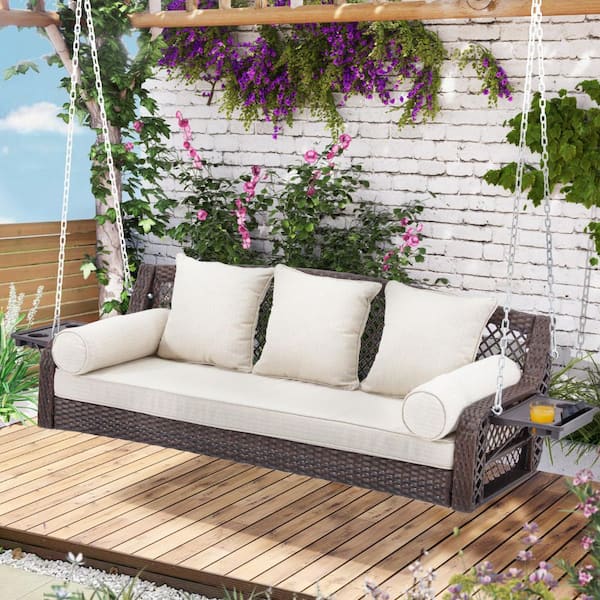 Unbranded 3-Person Brown Wicker Porch Swing with Chains Cup Holders and Beige Cushions