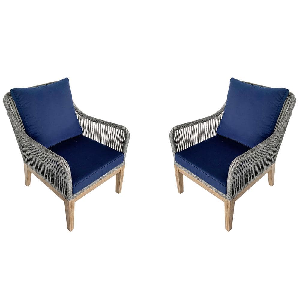 Navy Cushioned Acacia Wood Rope Patio Chair Set