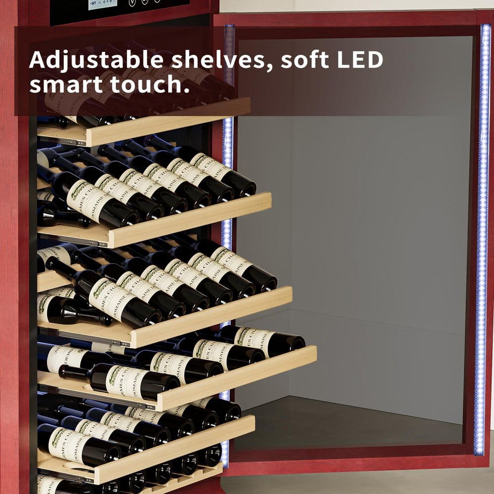 Close-up of adjustable shelves and LED features on the wine cooler cabinet.