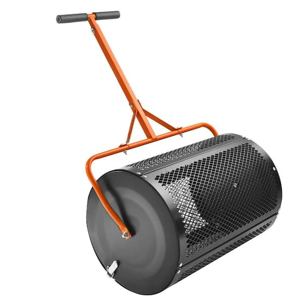 24 in. Compost and Peat Moss Spreader, Adjustable T-Shaped Handle Steel Mesh Basket Side Latches Broadcast Topsoil Black