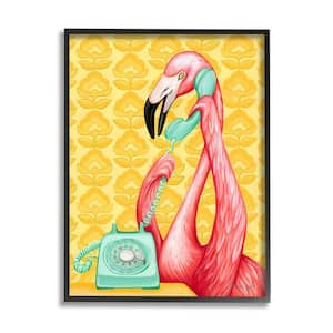 Flamingo Calling Dial Telephone Groovy Flowers Wallpaper by Amelie Legault Framed Animal Art Print 30 in. x 24 in.