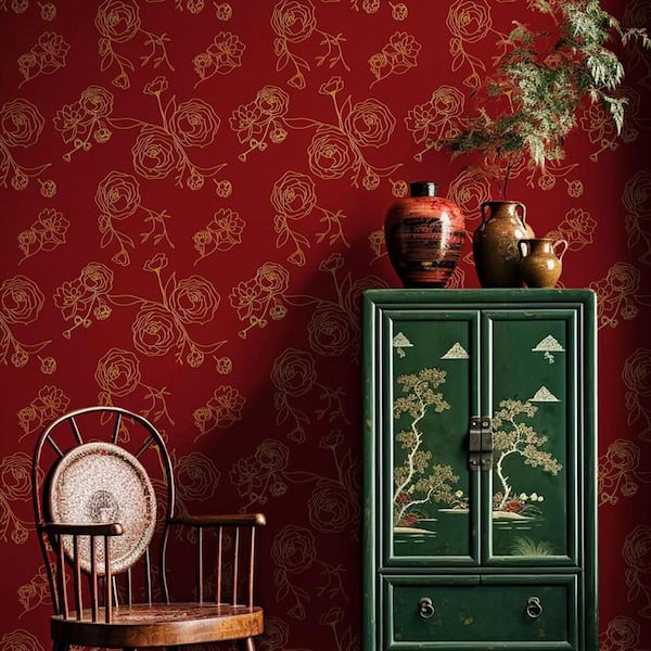 Red and Gold Floral Contact Paper Peel and Stick Wallpaper Roll