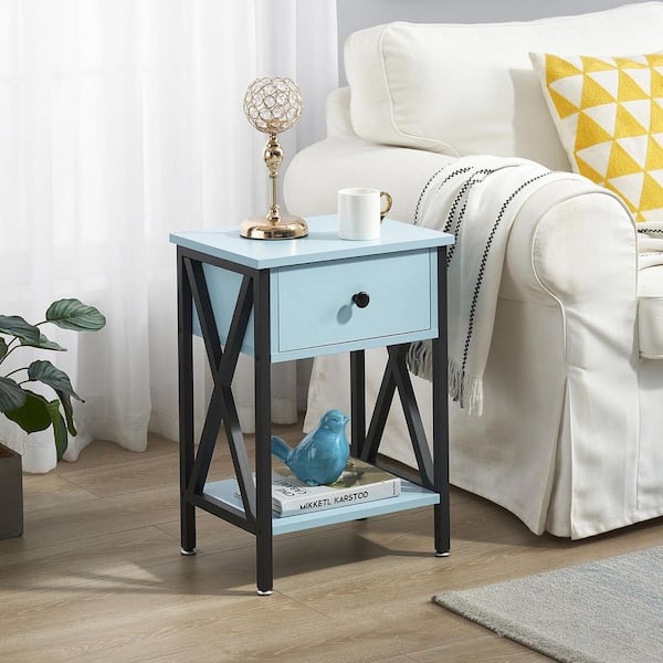 VECELO Nightstands X-Design Side End Table Night Stand Storage Shelf with Drawer 11.8 W x 15.8 L x 21.7 H Light Blue Set of 2
