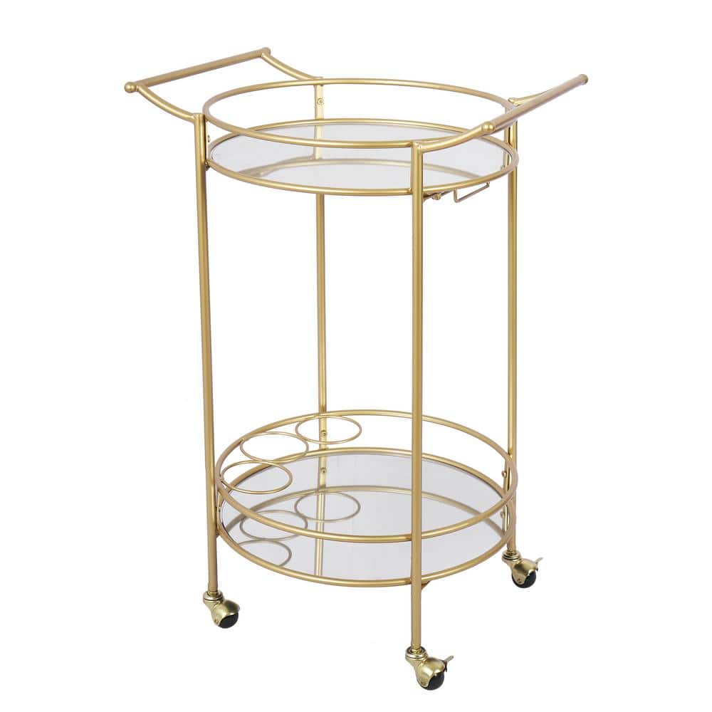 Gold Round Bar Cart with Glass Shelves and Wine Rack