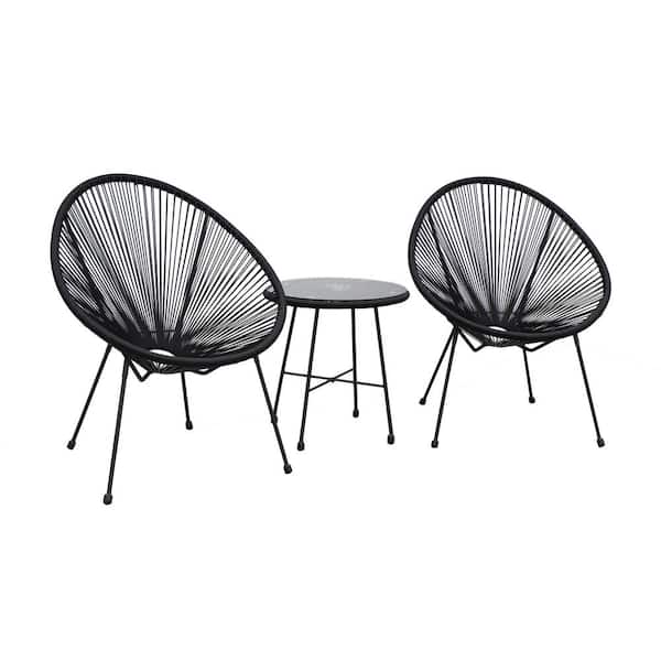 Sassio Black 3-Piece Steel Hand-Woven Rope and Powder Coated Conversation Patio Set