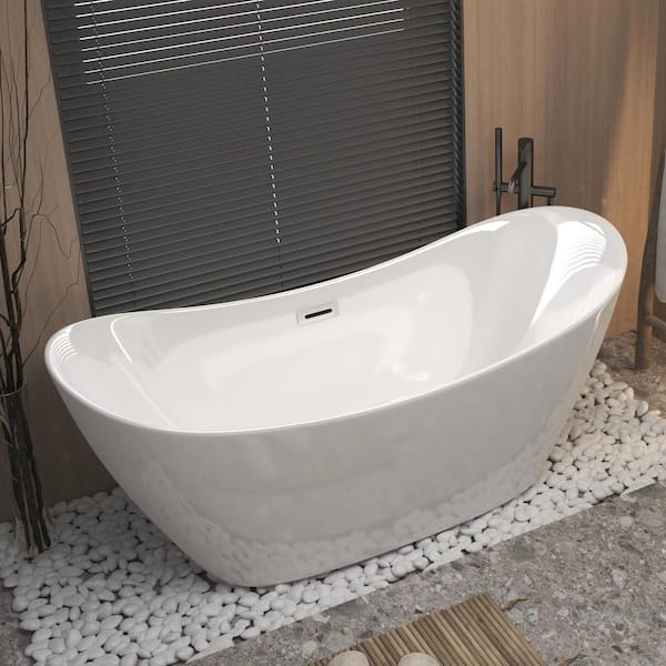 67 in. Acrylic Oval Freestanding Double Slipper Non Whirlpool White Soaking Hot Bathtub with Chrome Overflow and Drain