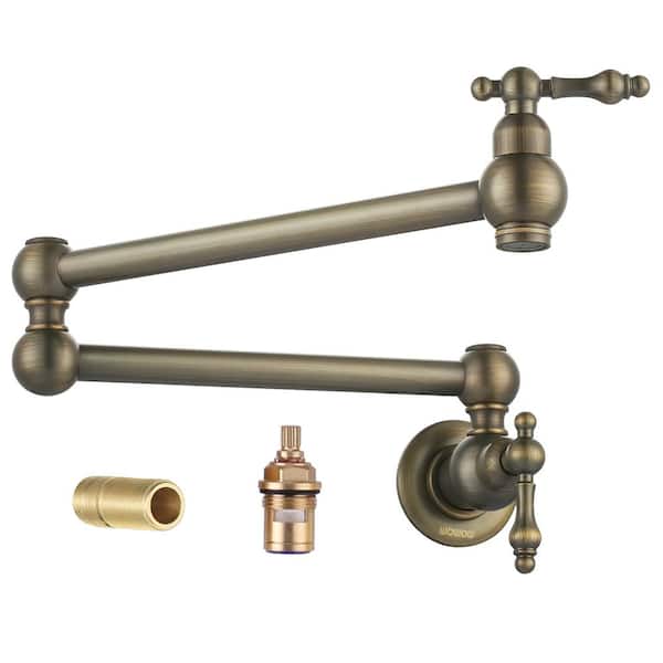 WOWOW Wall Mounted Pot Filler with 2-Handles Double Joint Swing Arm in Antique Bronze