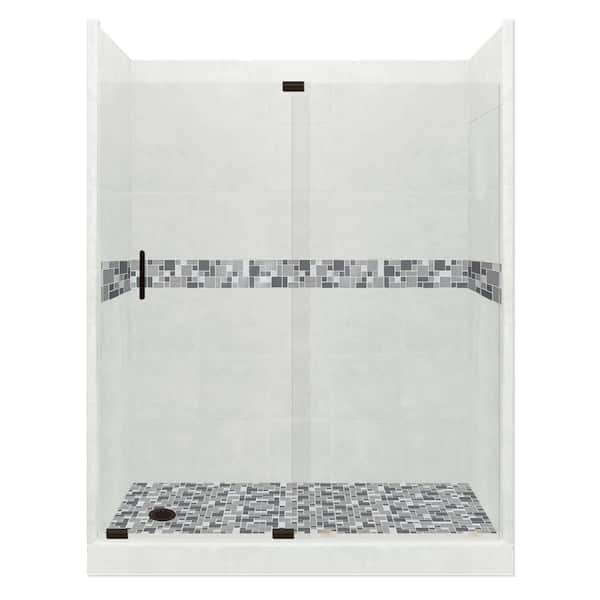 American Bath Factory Newport Grand Slider 32 in. x 60 in. x 80 in. Left Drain Alcove Shower Kit in Natural Buff and Black Pipe Hardware