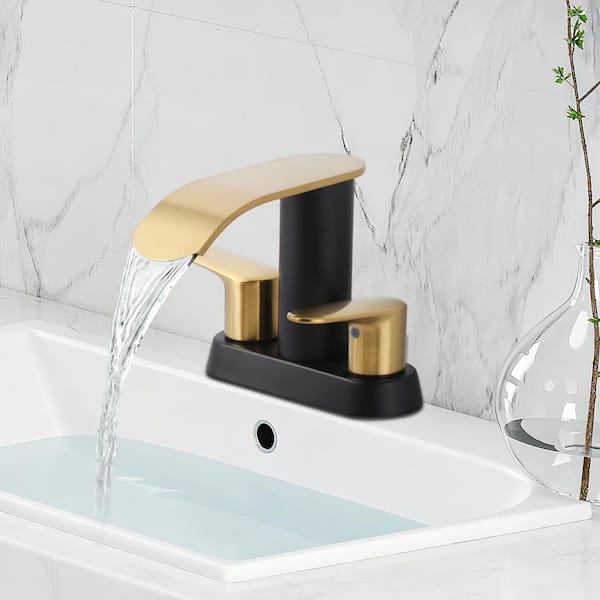 Waterfall 4 in. Centerset Double-Handle Bathroom Sink Faucet, Modern Faucet with Pop Up Drain in Black and Gold