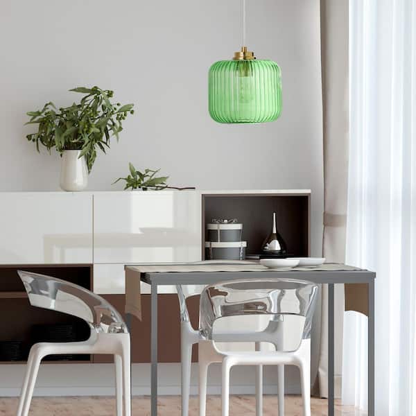 Hadley 8 in. 1-Light Gold Pendant with Green Glass Shade