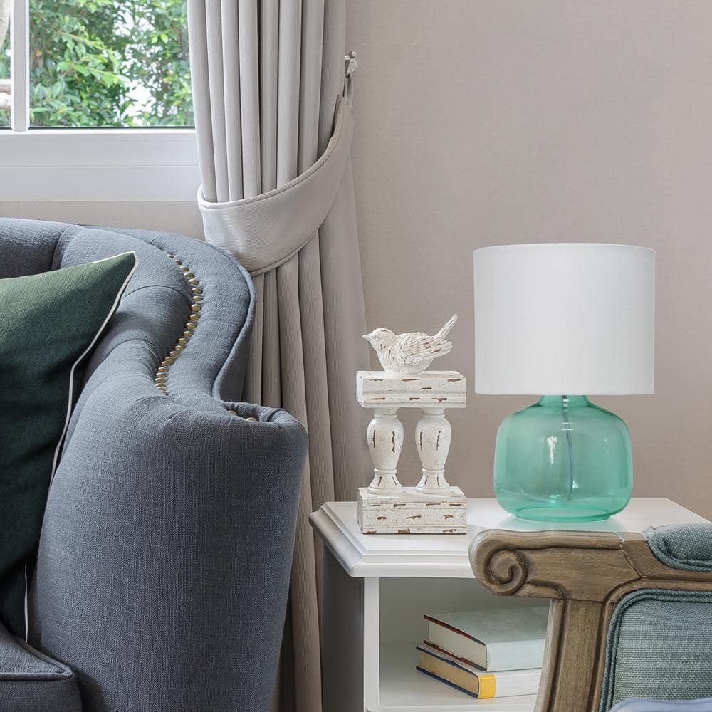 Aqua Glass Nightstand Lamp with White Fabric Shade