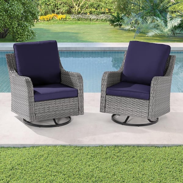 Sonkuki 2-Piece Patio Sofa Set Gray Wicker Furniture Set Swivel Rocking Sofa Outdoor Rocking Chair with Navy Blue Cushion