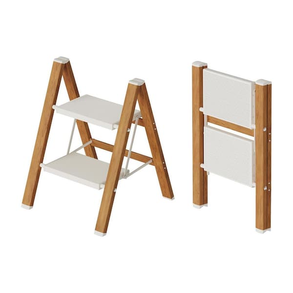 2-Step Lightweight Aluminum Folding Ladder Portable-Step Stool with Anti-Slip Pedals 330 lbs. Capacity White Woodgrain