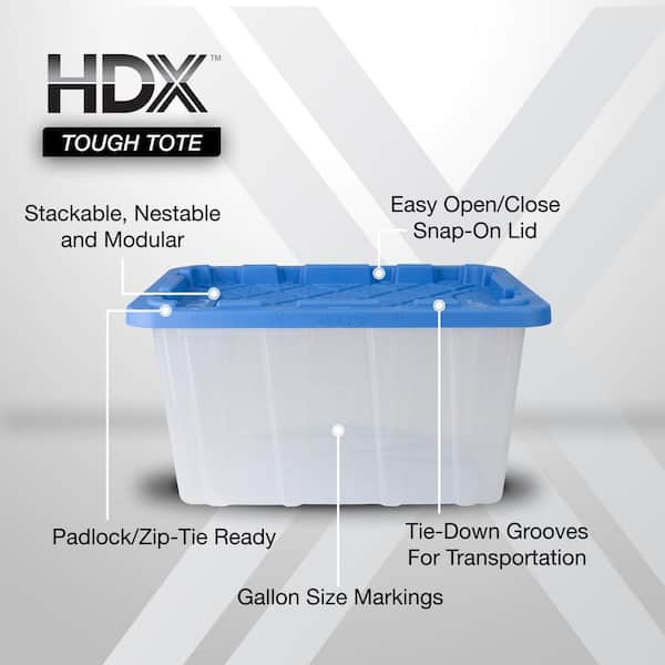 27 Gal. Tough Storage Tote in Clear with Blue Atoll Lid (4-Pack)