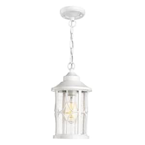 12 In.1-Light White Outdoor Aluminum Exterior Pendant Light Hanging Porch Light with Seeded Glass