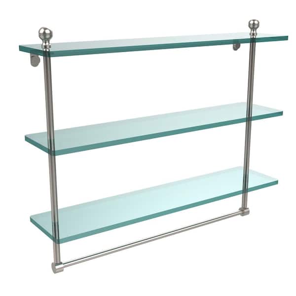 Mambo 22 in. L x 18 in. H x 5 in. W 3-Tier Clear Glass Bathroom Shelf with Towel Bar in Satin Nickel