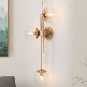Gold Linear Bathroom Vanity Light 3-Light Modern Sconce with Clear Glass Globes for Living Room Hall Entry Gallery Wall