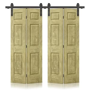 48 in. x 80 in. Antique Gold Stain 6 Panel MDF Double Hollow Core Bi-Fold Barn Door with Sliding Hardware Kit