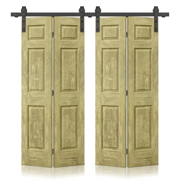 CALHOME 48 in. x 80 in. Antique Gold Stain 6 Panel MDF Double Hollow Core Bi-Fold Barn Door with Sliding Hardware Kit