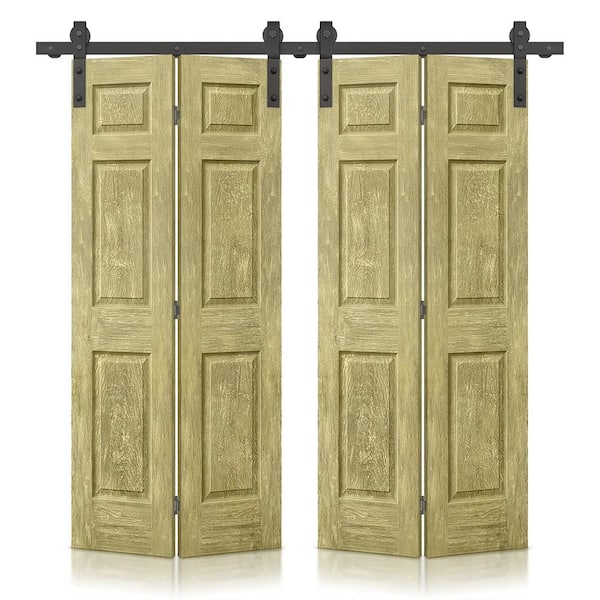 CALHOME 60 in. x 84 in. Hollow Core Antique Gold Stain 6 Panel MDF Double Bi-Fold Barn Door with Sliding Hardware Kit