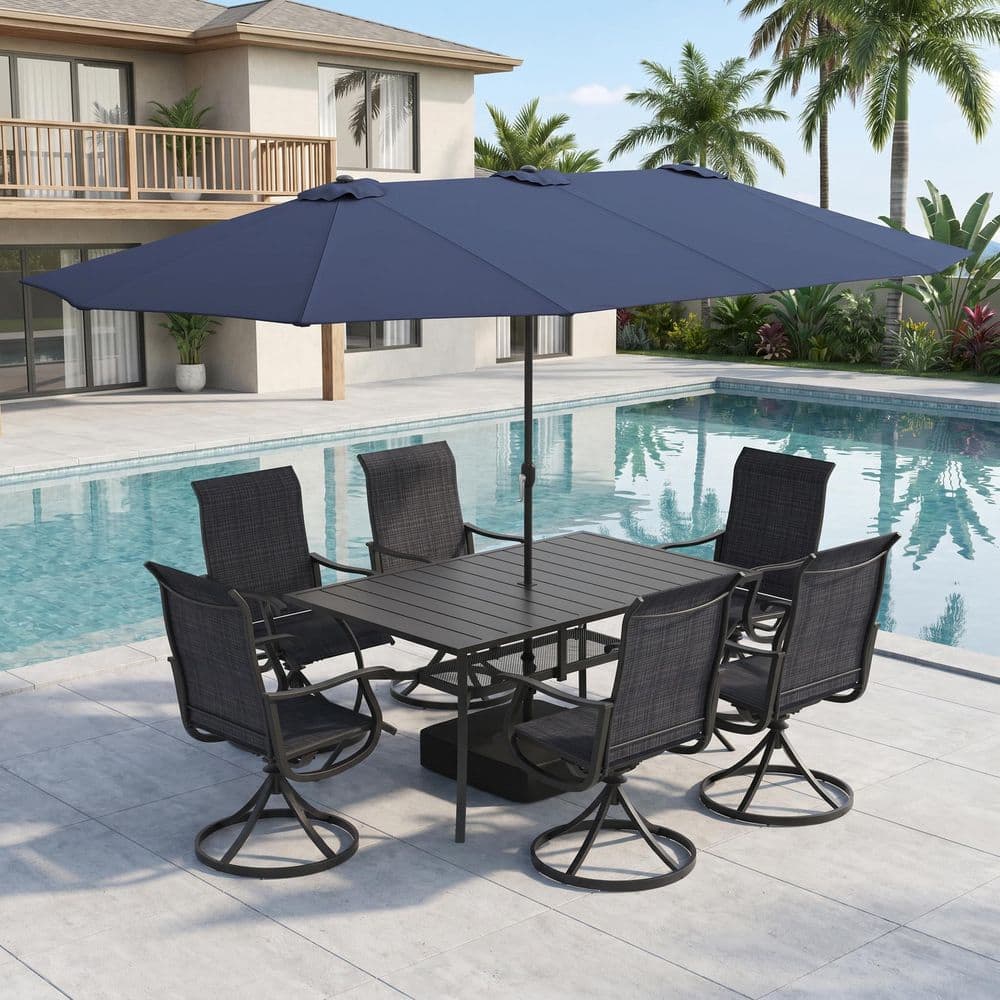 8-Piece Metal Outdoor Dining Set with Slat Rectangle Table, Blue Umbrella and 6 Dark Gray Textilene Swivel Patio Chairs price history on PriceWatchPro