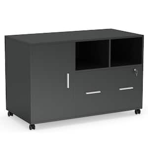 Atencio Black File Cabinet with Lock and Drawer Mobile Printer Stand
