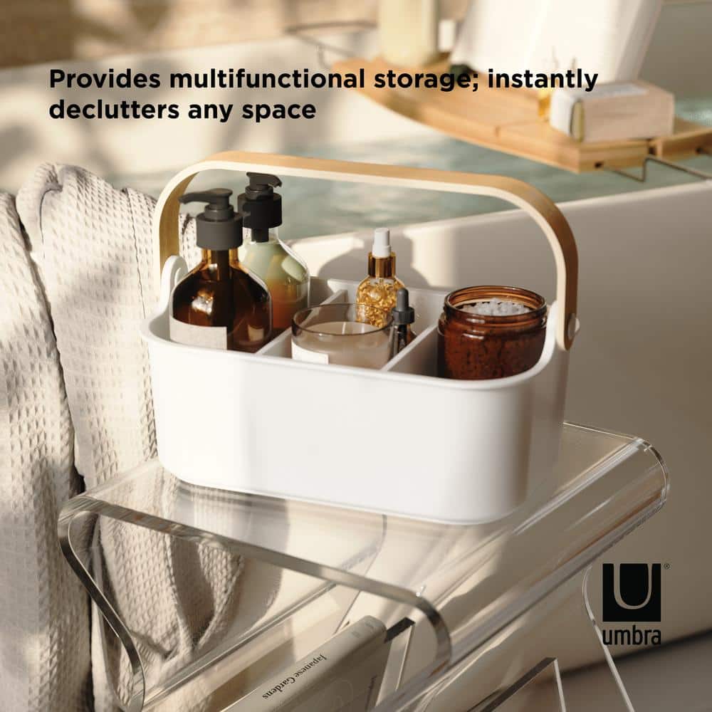 White and Natural Stackable Plastic Organizer Bin with Handle