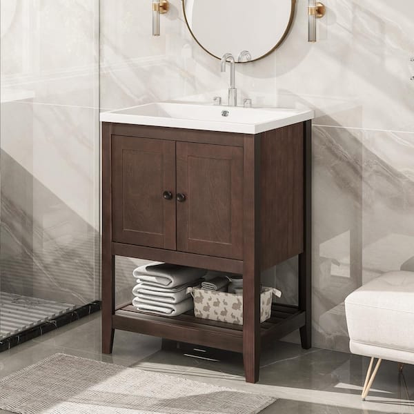 Bathroom vanity store with open shelves