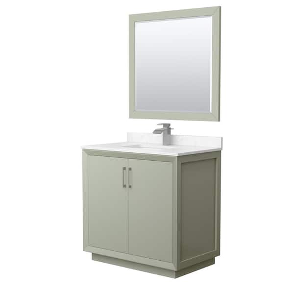 Wyndham Collection Strada 36 in. W x 22 in. D x 35 in. H Single Bath Vanity in Light Green with Carrara Cultured Marble Top and 34" Mirror