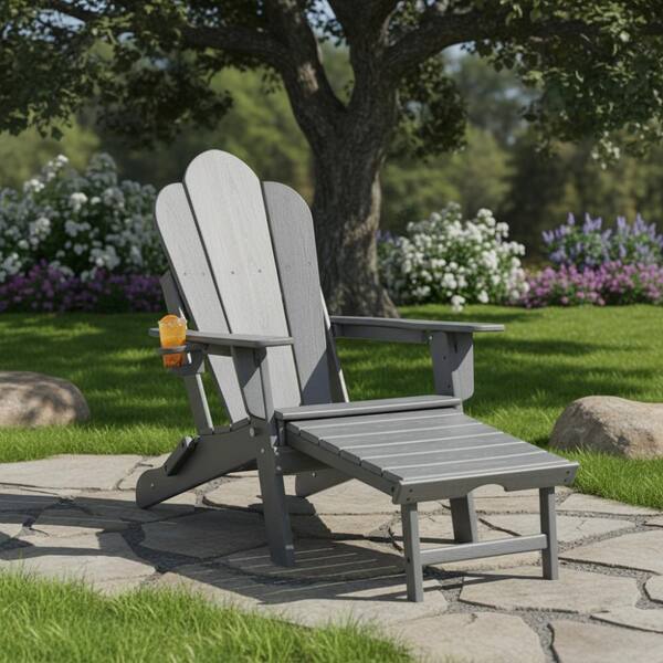 Grey HDPE Folding Adirondack Chair with Ottoman, Ergonomic Chair