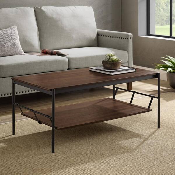 Welwick Designs 42 in. Dark Walnut Large Rectangle Wood Coffee Table with Lower Shelf