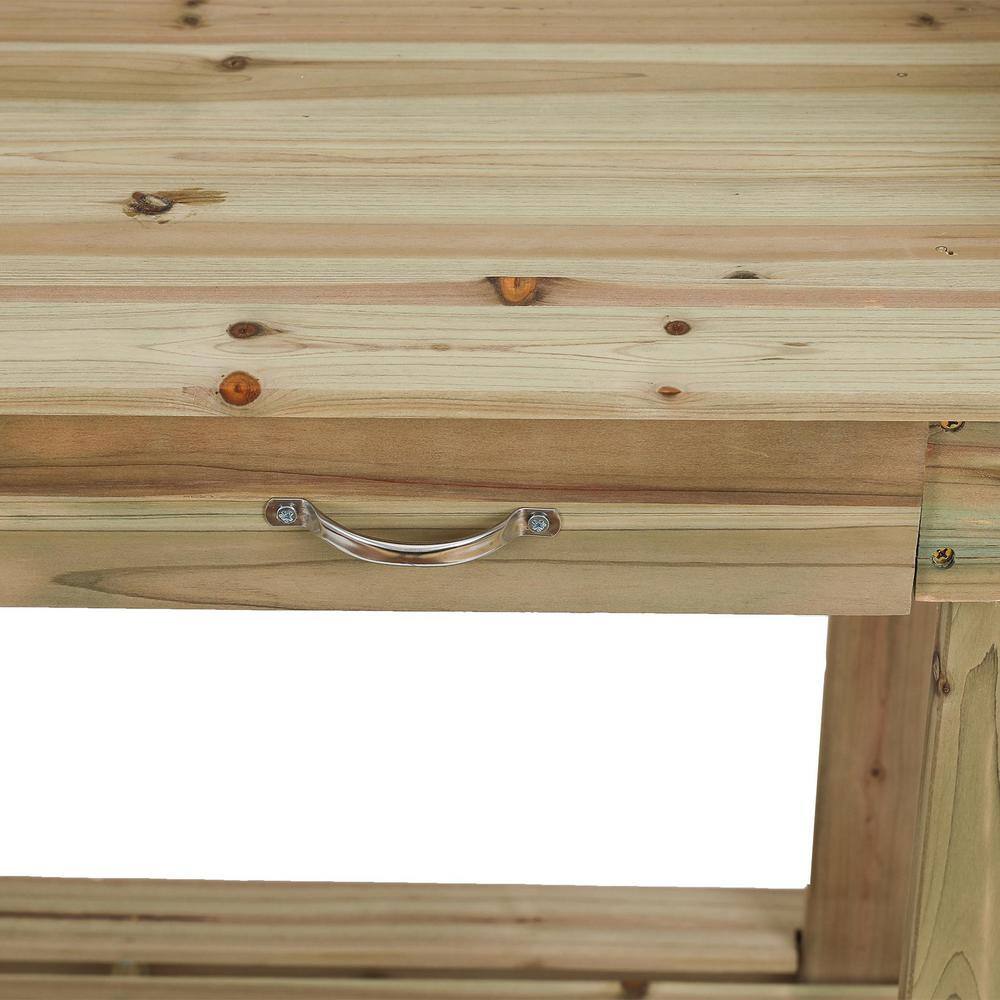 Natural Fir Wood Mobile Potting Bench with Drawer and Shelves