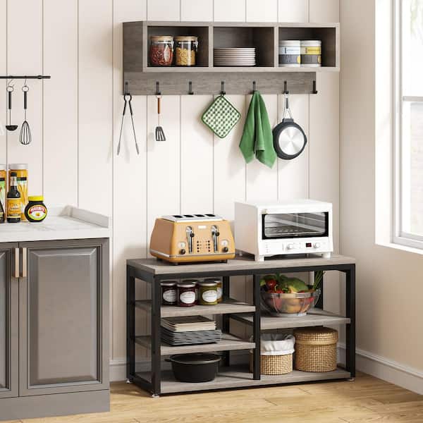 BYBLIGHT Lauren 20 in. H x 32 in. W Gray Engineered Wood Shoe Storage Bench Shoe Rack Set with 3-Storage Cubbies, 7-Hooks