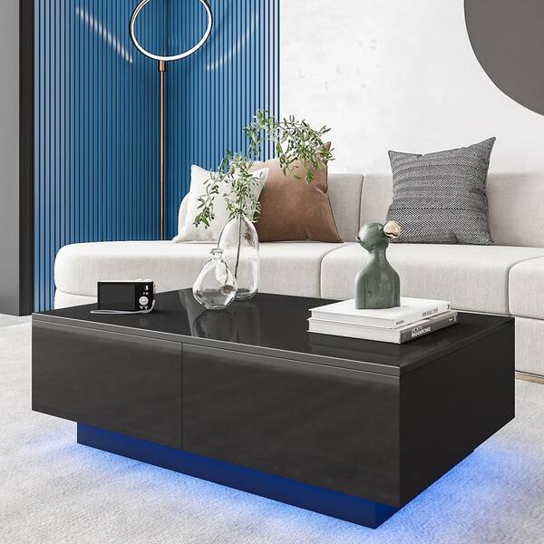 WOODYHOME 37 in. Black LED Rectangle MDF Wood Top Coffee Table with ...