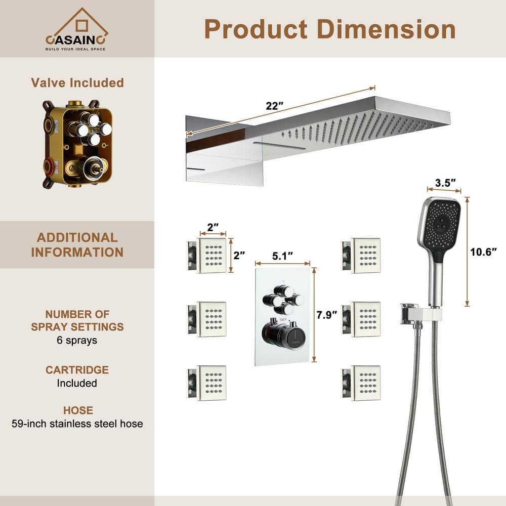Chrome Dual-Function Wall Mounted Rainfall Shower System with Body Jets