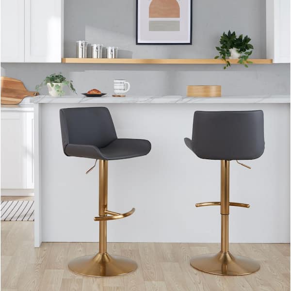 Lumisource Santi 31.5 in. Grey Faux Leather and Gold Metal Adjustable Barstool (Set of 2)