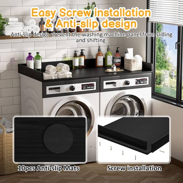 54 in. W Bamboo Modern Rectangle Washer and Dryer Countertop, Laundry Countertop Room Hamper with Edge Rails in Black