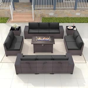 13-Piece Wicker Patio Conversation Set with 55000 BTU Gas Fire Pit Table, Glass Coffee Table, Cushions Black, Garden