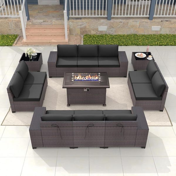 Halmuz 13-Piece Wicker Patio Conversation Set with 55000 BTU Gas Fire Pit Table, Glass Coffee Table, Cushions Black, Garden