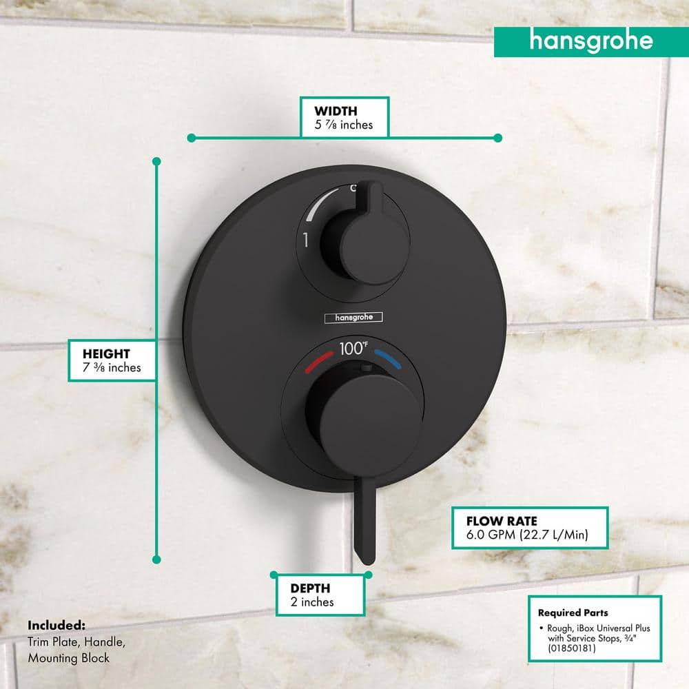 Matte Black Modern Thermostatic Shower Valve Trim with Diverter