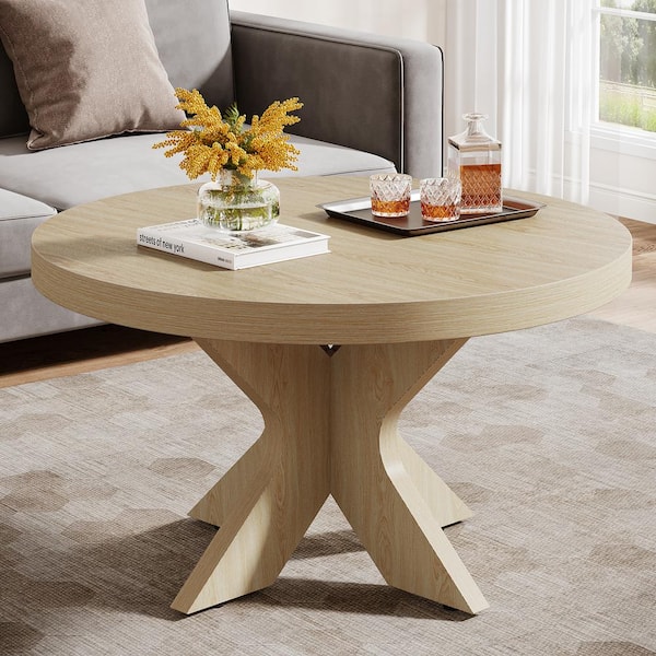 BYBLIGHT Allan 31.5 in. Oak Round MDF Coffee Table Modern Center Table with Double X-Shaped Wood Base for Living Room