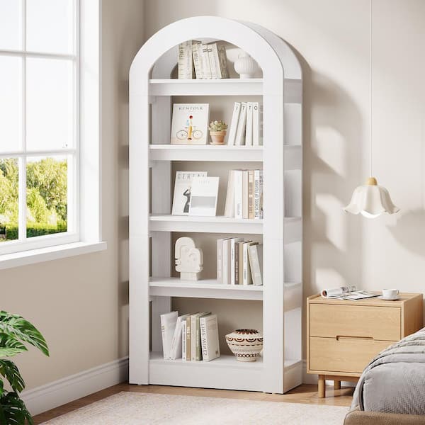 Eulas 70.8 in. Tall White Engineered Wood 5-Shelf Arched Bookcase Bookshelf for Home Office Living Room
