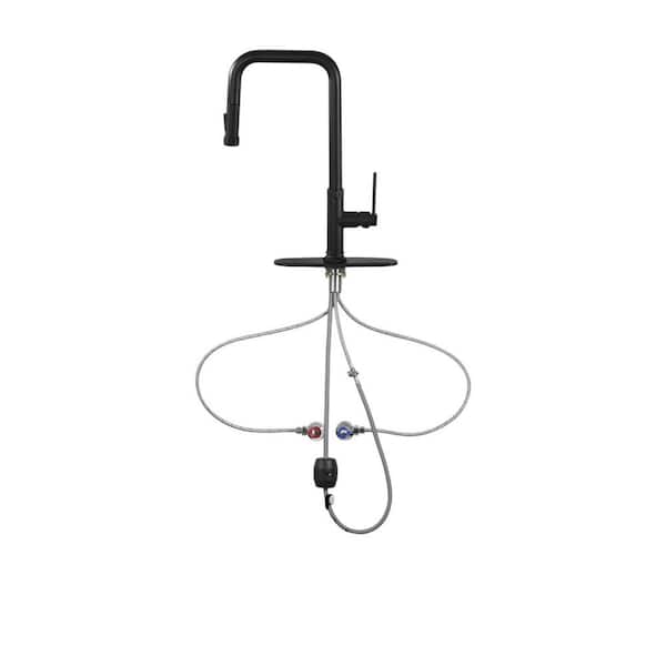 Lukvuzo 17 in. Single Handle Kitchen Faucets with Pull Down & Deck Plate in Matte Black