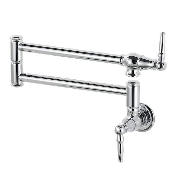 Wall Mounted Double-Handle Kitchen Pot Filler Faucet with Double Joint Swing Arms in Polished Chrome